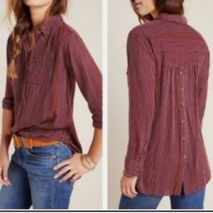 Anthropologie Isadora Button Back Popover Burgundy Striped Tunic Top